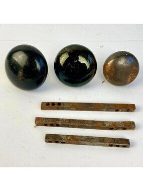 Lot 3 Antique Door Knobs & Shafts Black Porcelain Copper Brass Bronze Vintage
